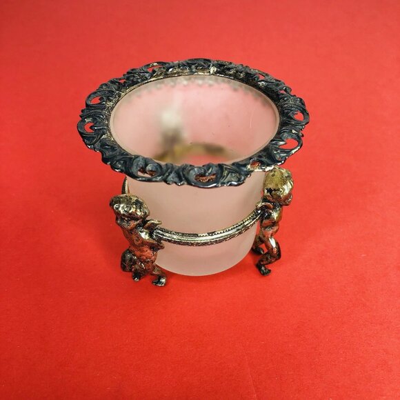 VTG Ormolu Ornate Cherubs Holding Opaline Bowl Small Flower Vase Candle Holder - Picture 3 of 12
